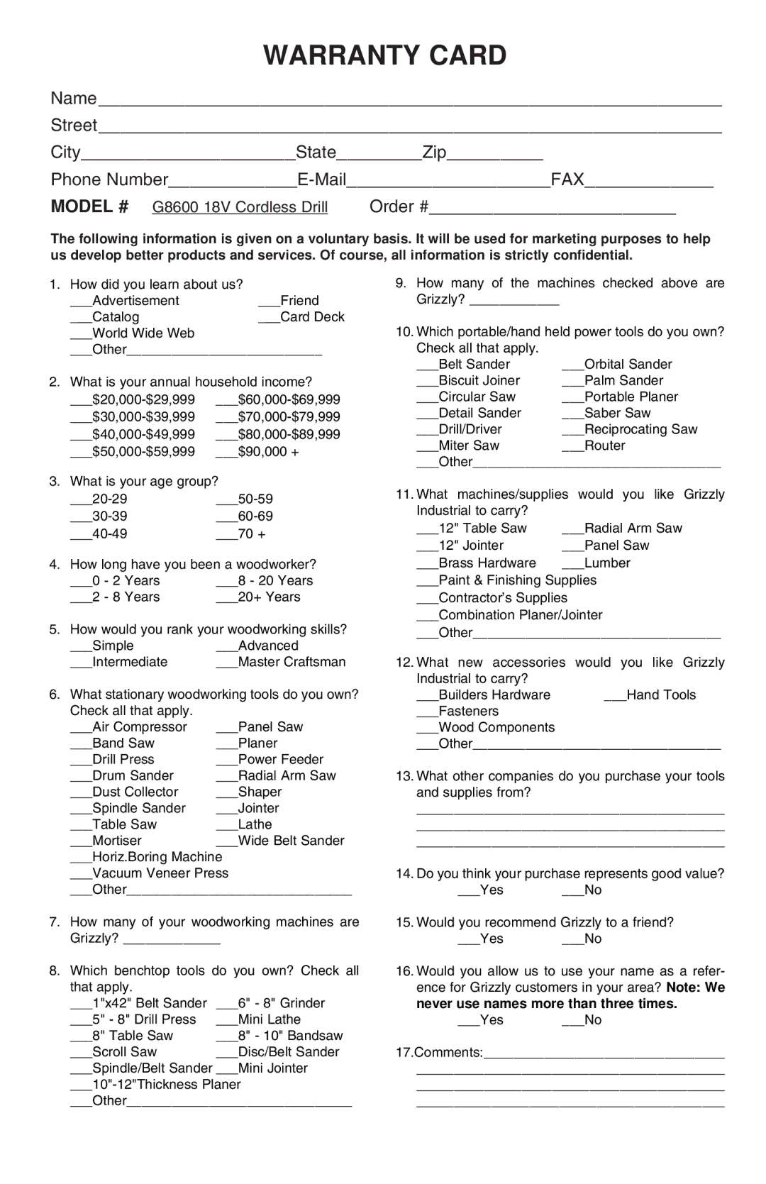 Grizzly G8600 instruction sheet Warranty Card 