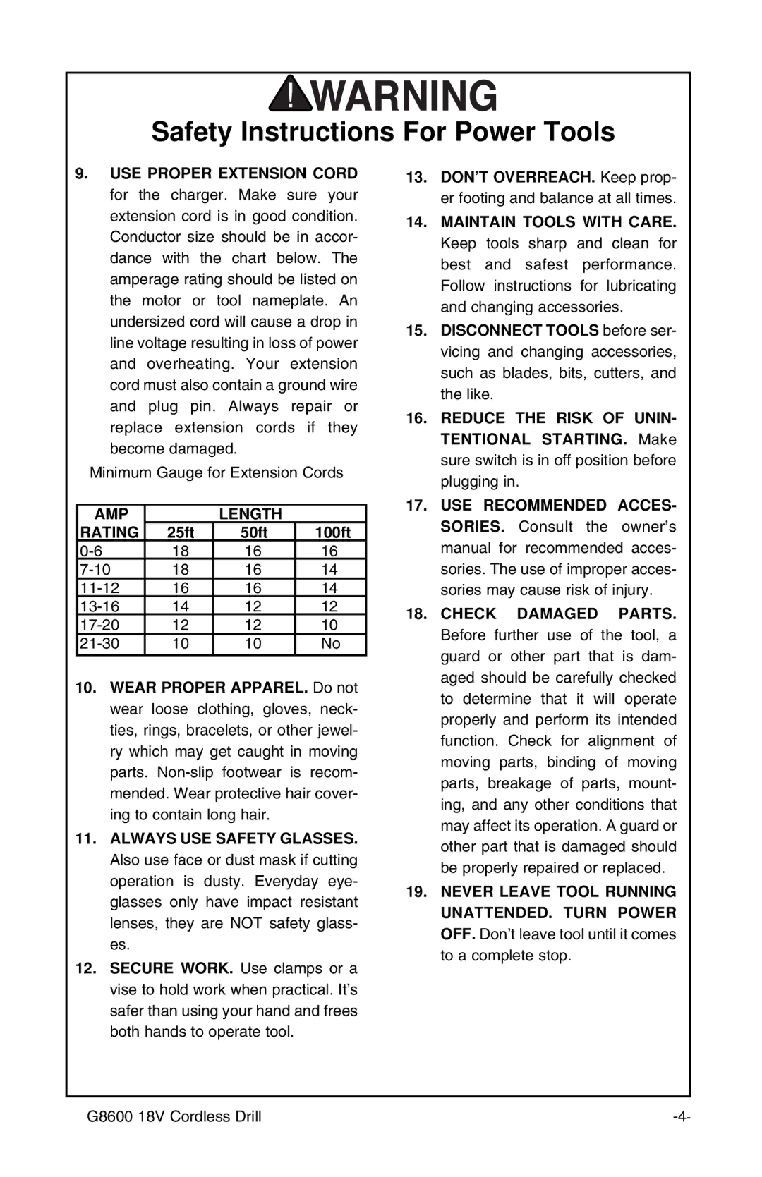 Grizzly G8600 instruction sheet AMP Length Rating 