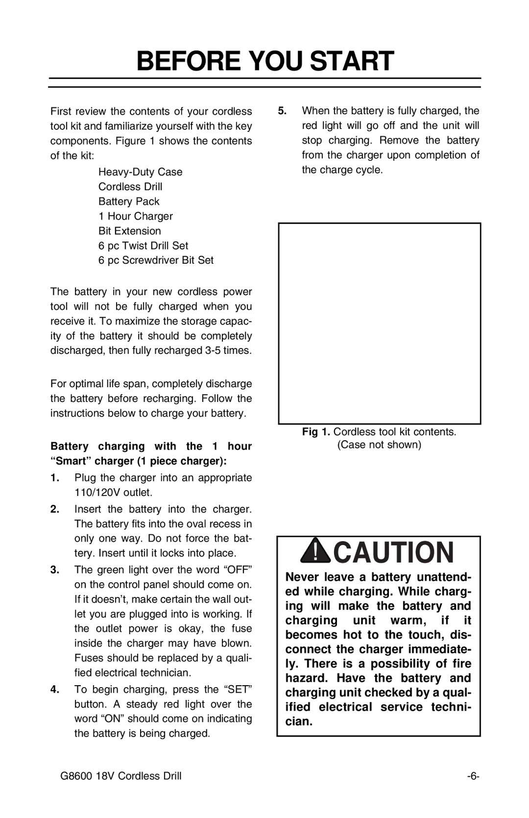 Grizzly G8600 instruction sheet Before YOU Start, Plug the charger into an appropriate 110/120V outlet 