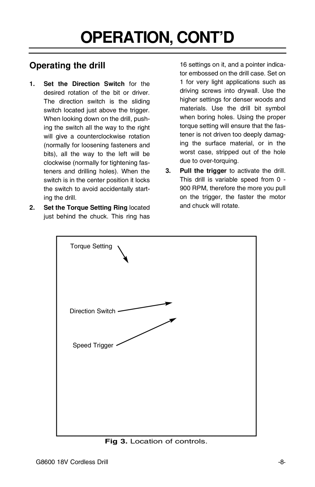 Grizzly G8600 instruction sheet Operation, Cont’D, Operating the drill 