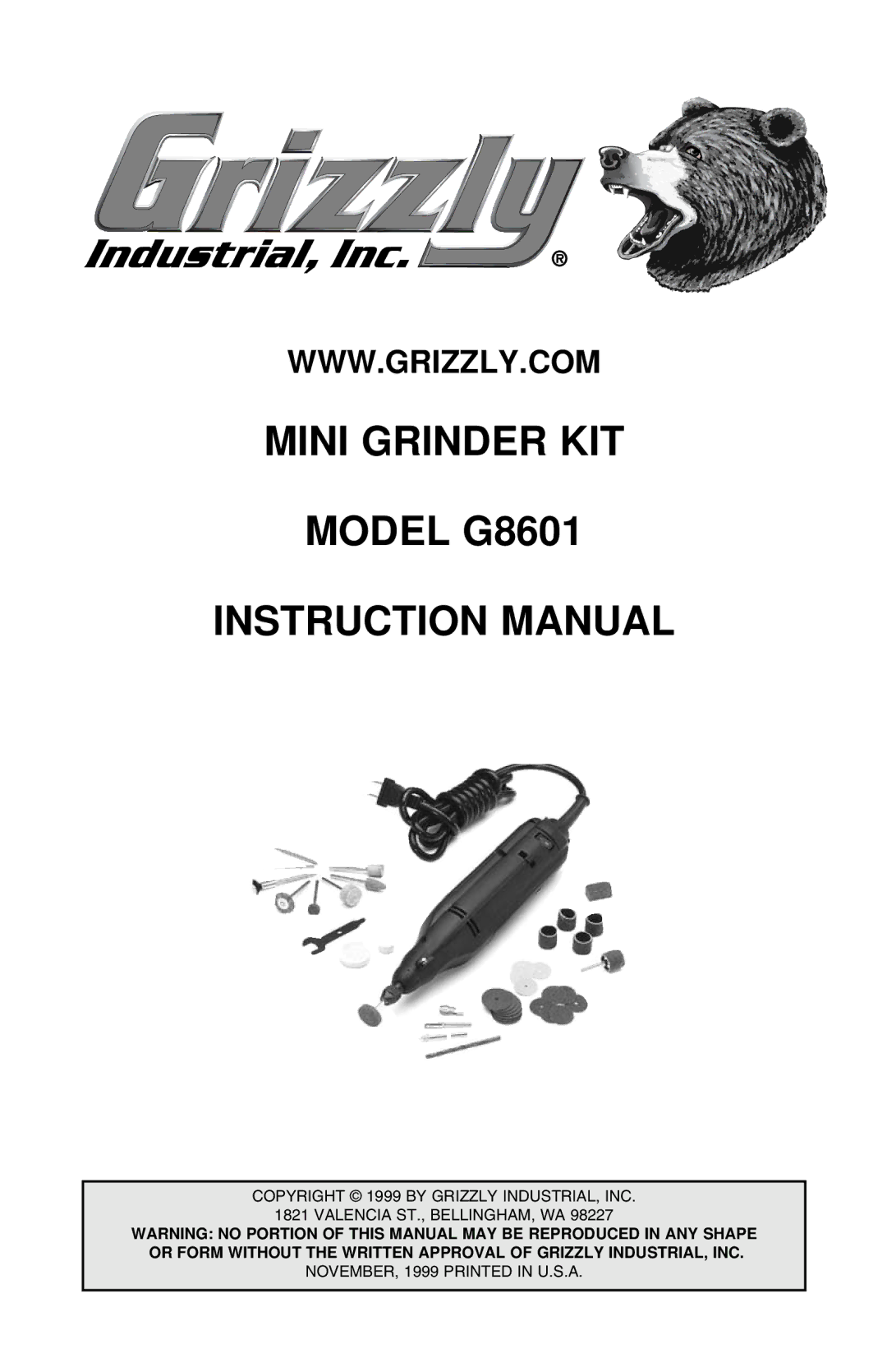 Grizzly instruction manual Mini Grinder KIT Model G8601 