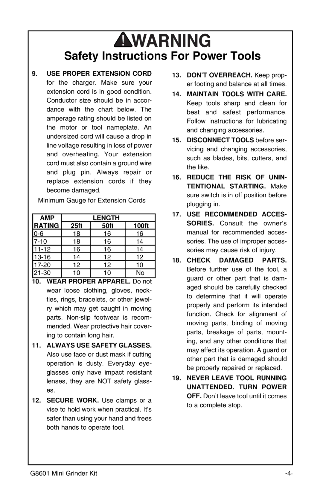 Grizzly G8601 instruction manual AMP Length Rating 