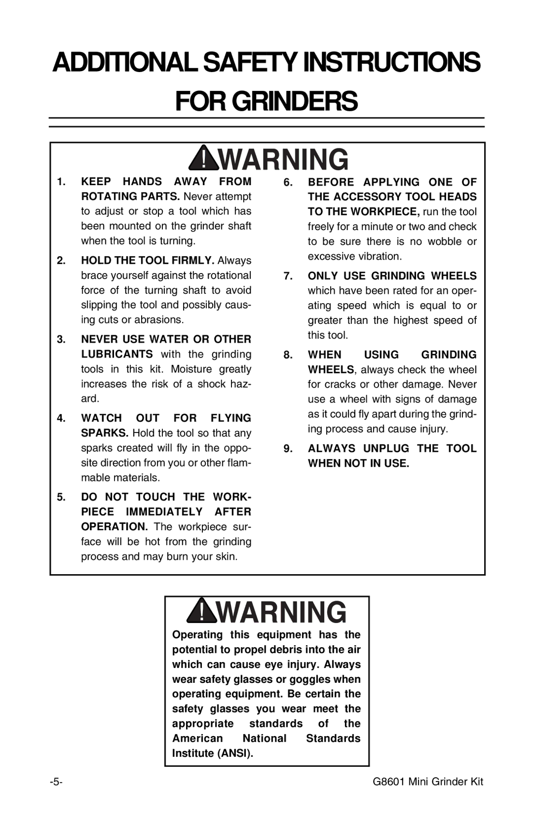 Grizzly G8601 instruction manual For Grinders, Always Unplug the Tool When not in USE 