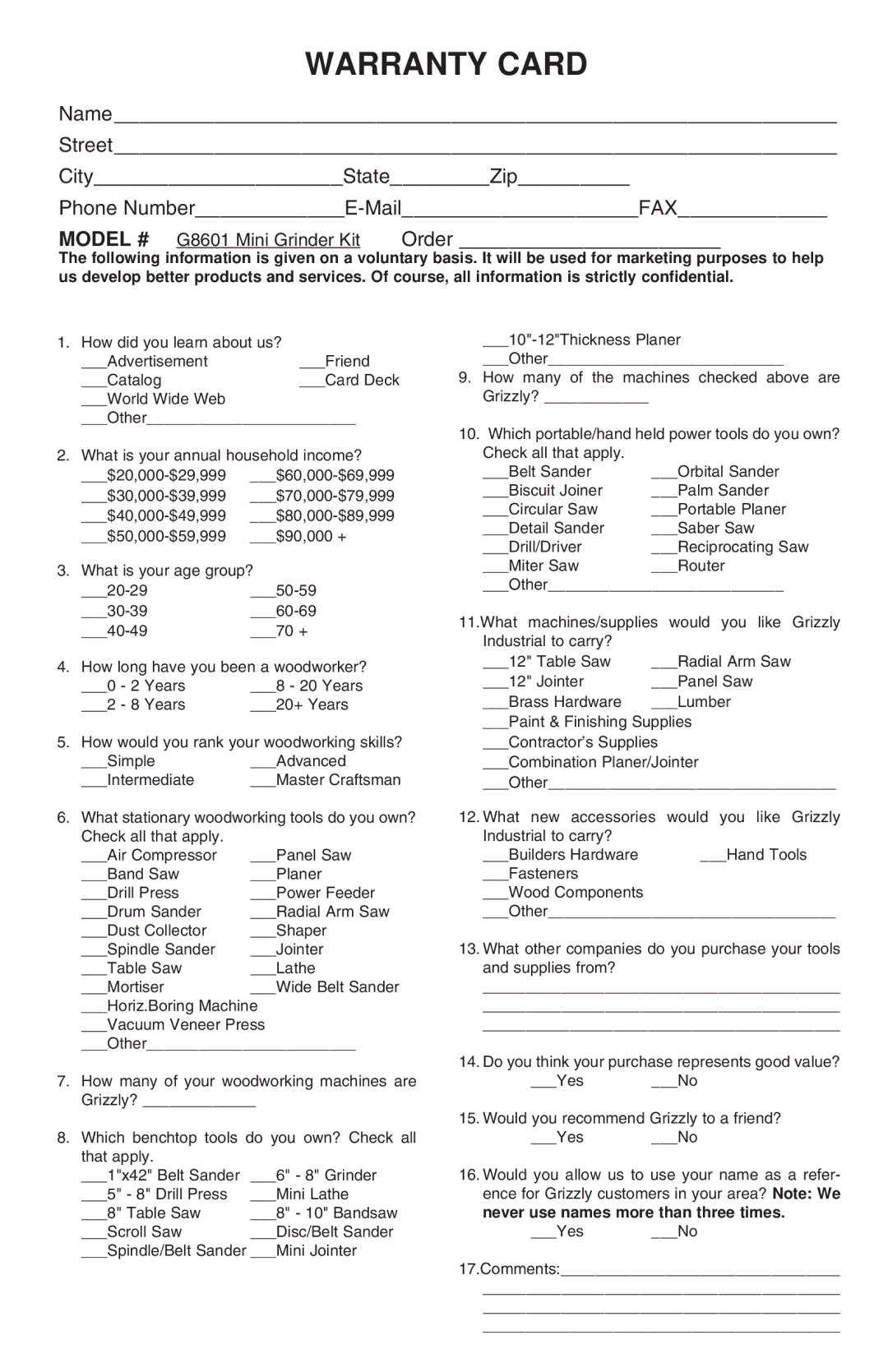 Grizzly G8601 instruction manual Warranty Card 