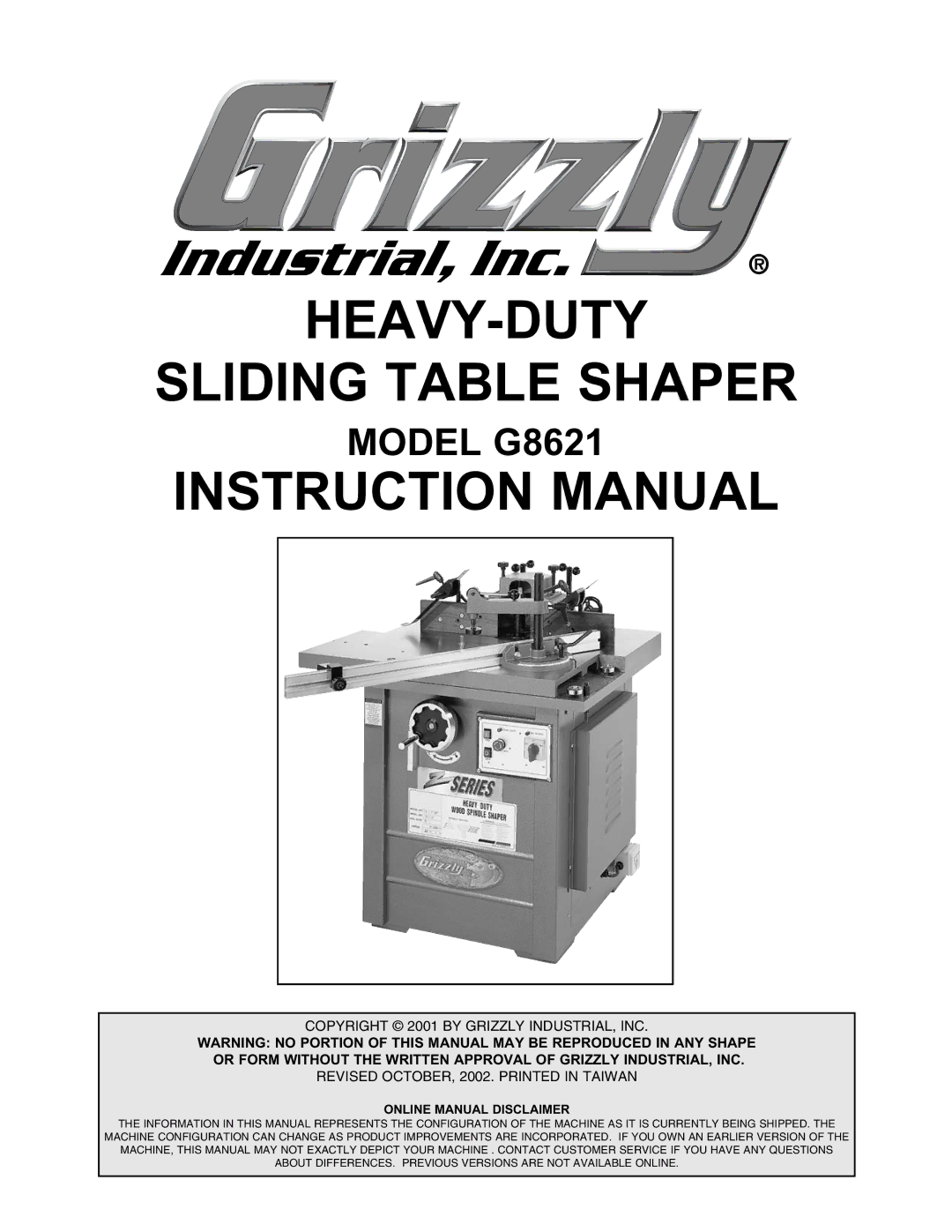 Grizzly G8621 instruction manual HEAVY-DUTY Sliding Table Shaper 