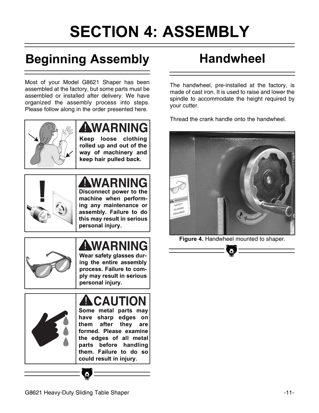 Grizzly G8621 instruction manual Beginning Assembly Handwheel 