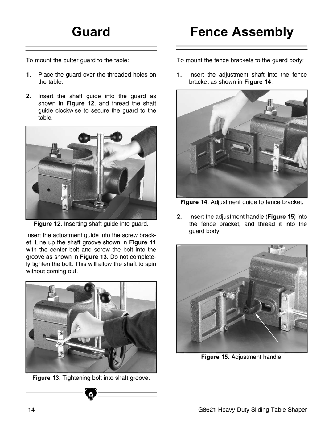 Grizzly instruction manual Guard Fence Assembly, Adjustment handle G8621 Heavy-Duty Sliding Table Shaper 