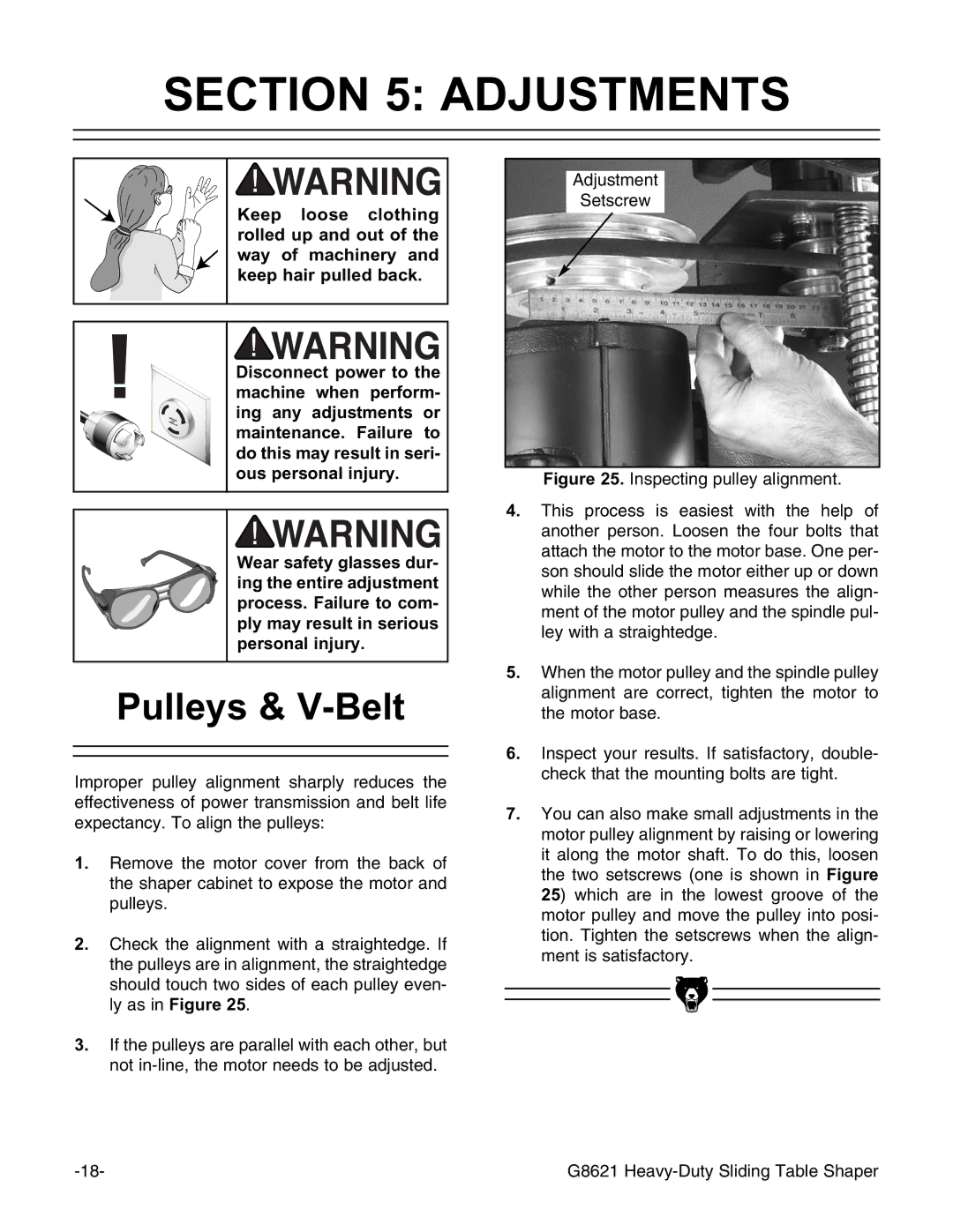 Grizzly G8621 instruction manual Adjustments, Pulleys & V-Belt 