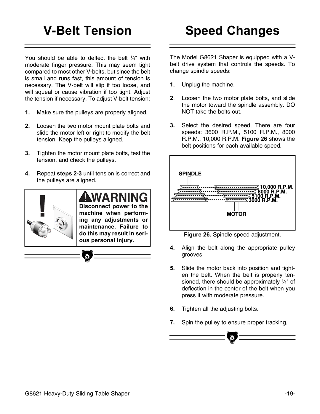 Grizzly G8621 instruction manual Belt Tension Speed Changes 