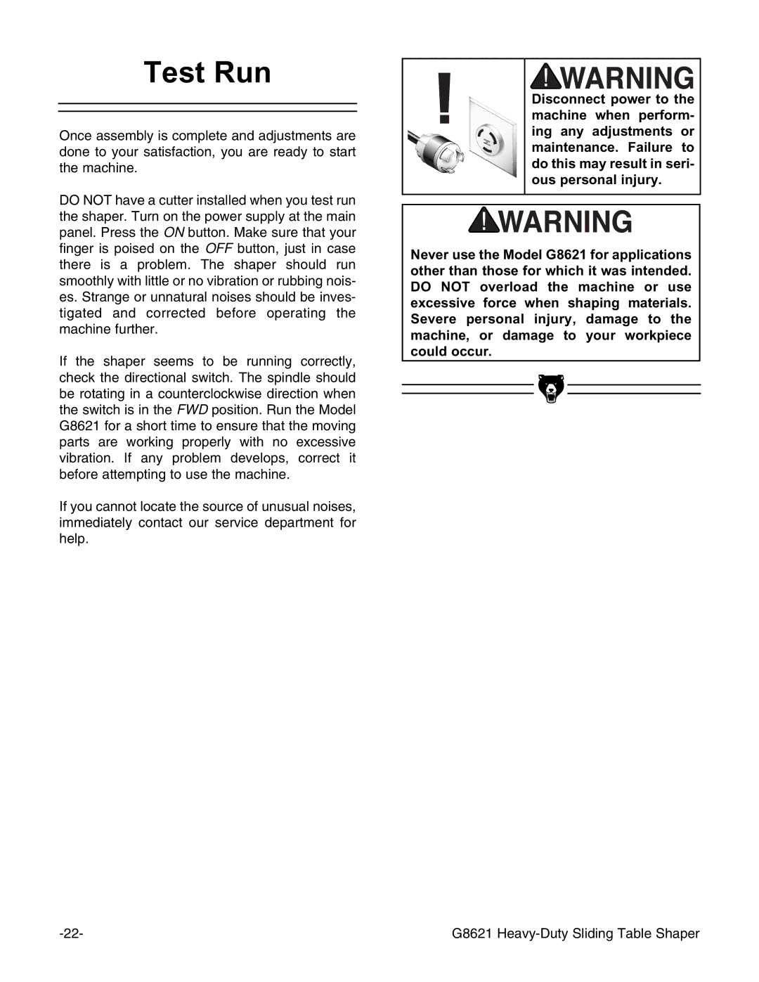 Grizzly G8621 instruction manual Test Run 