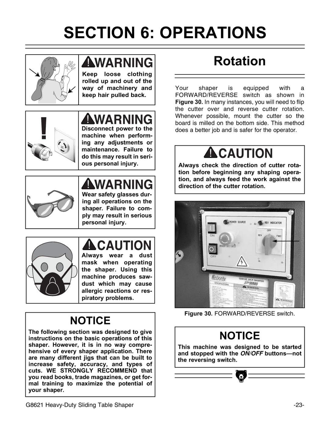 Grizzly G8621 instruction manual Operations, Rotation 