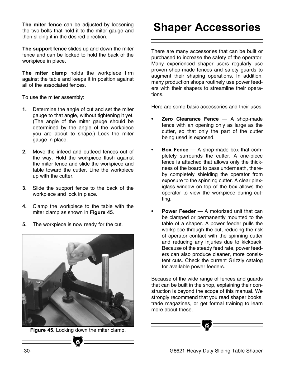 Grizzly G8621 instruction manual Shaper Accessories, Locking down the miter clamp 