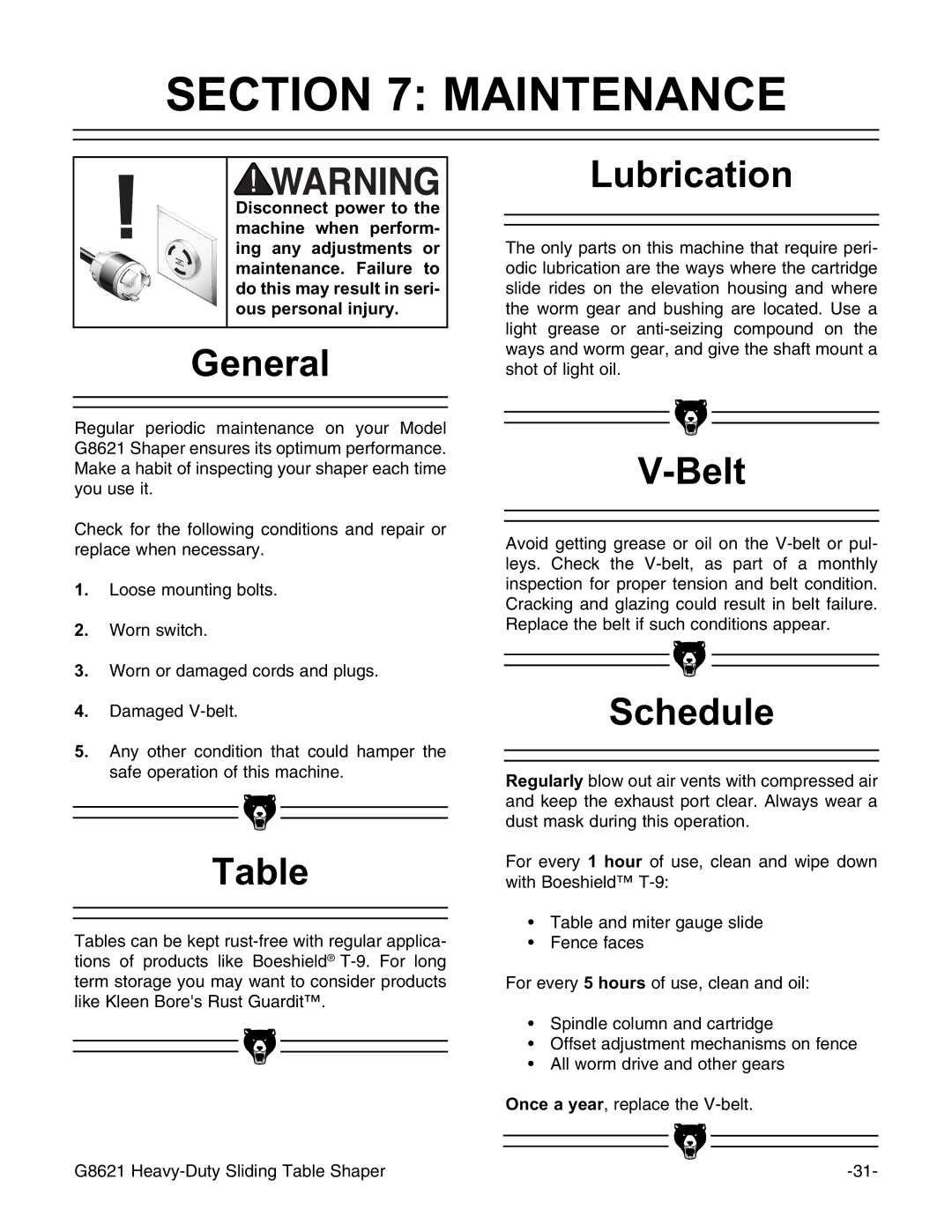 Grizzly G8621 instruction manual Maintenance, General, Lubrication, Belt, Schedule 