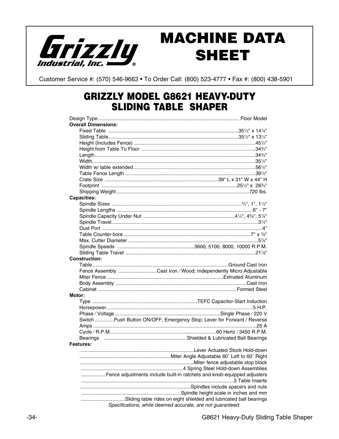 Grizzly G8621 instruction manual Machine Data Sheet 