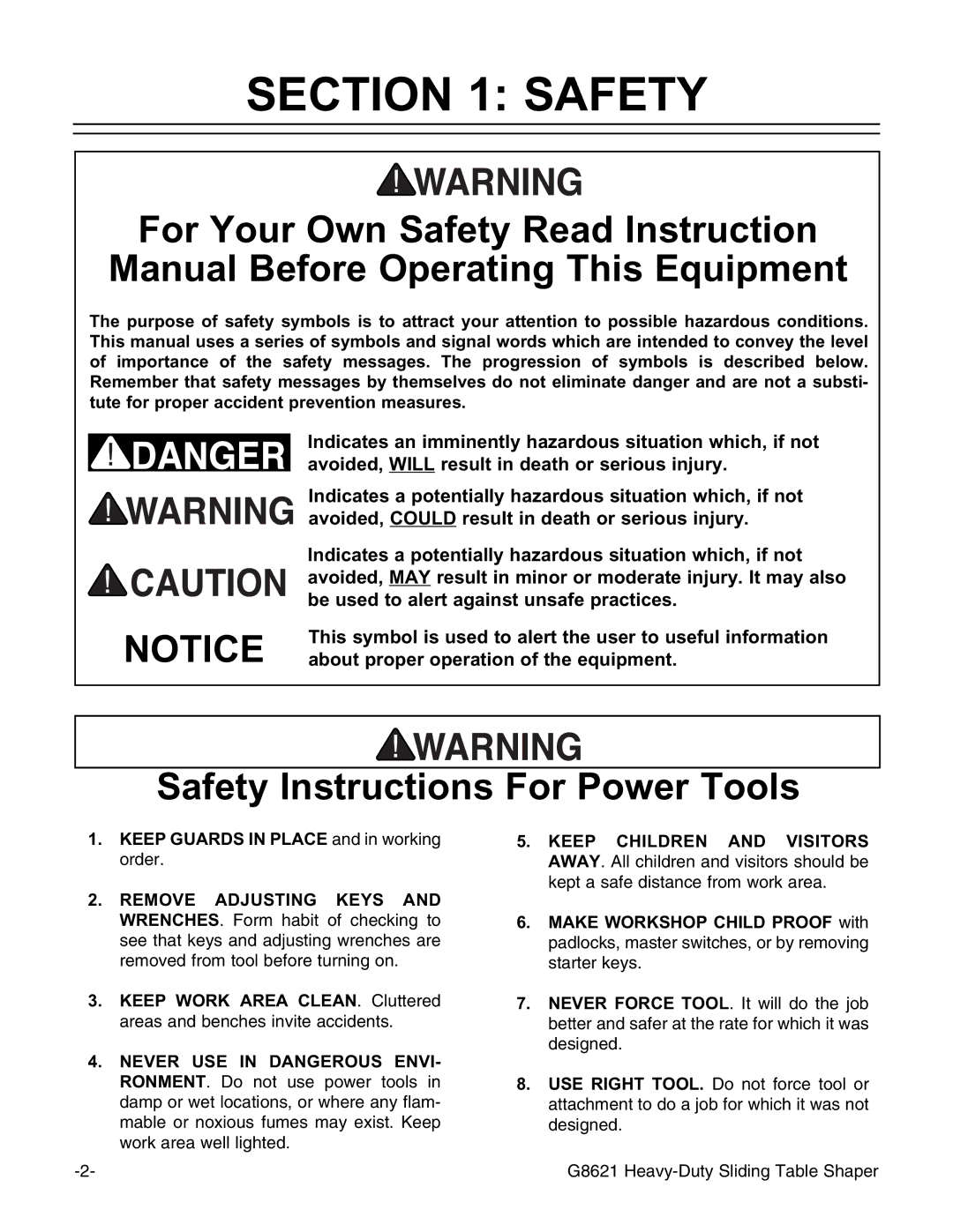 Grizzly G8621 instruction manual Safety Instructions For Power Tools 