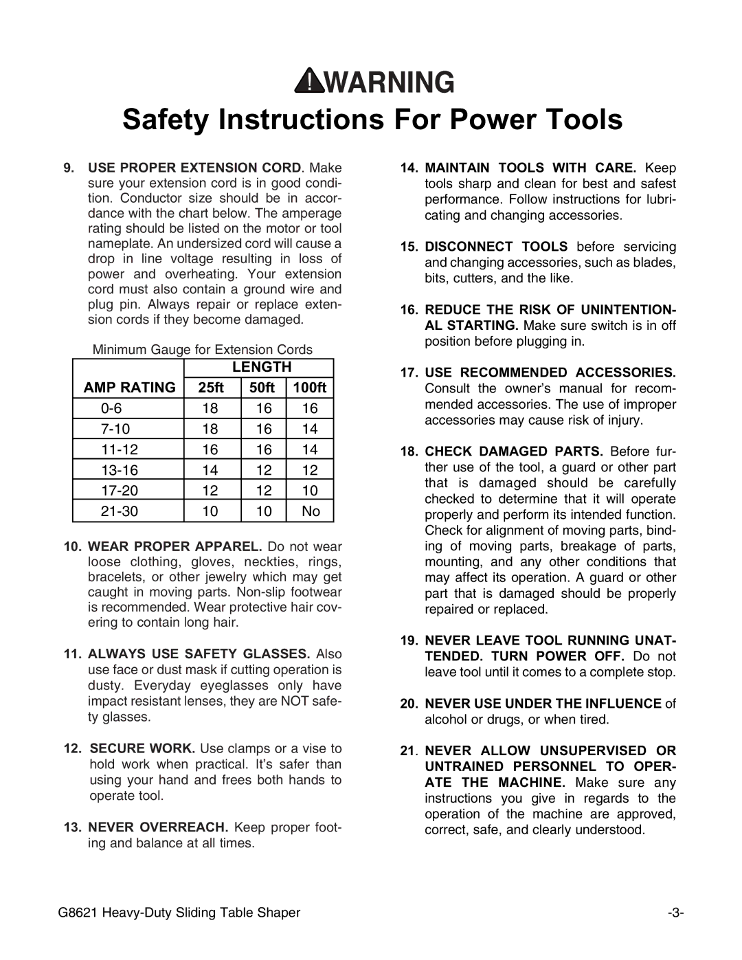 Grizzly G8621 instruction manual Length AMP Rating 