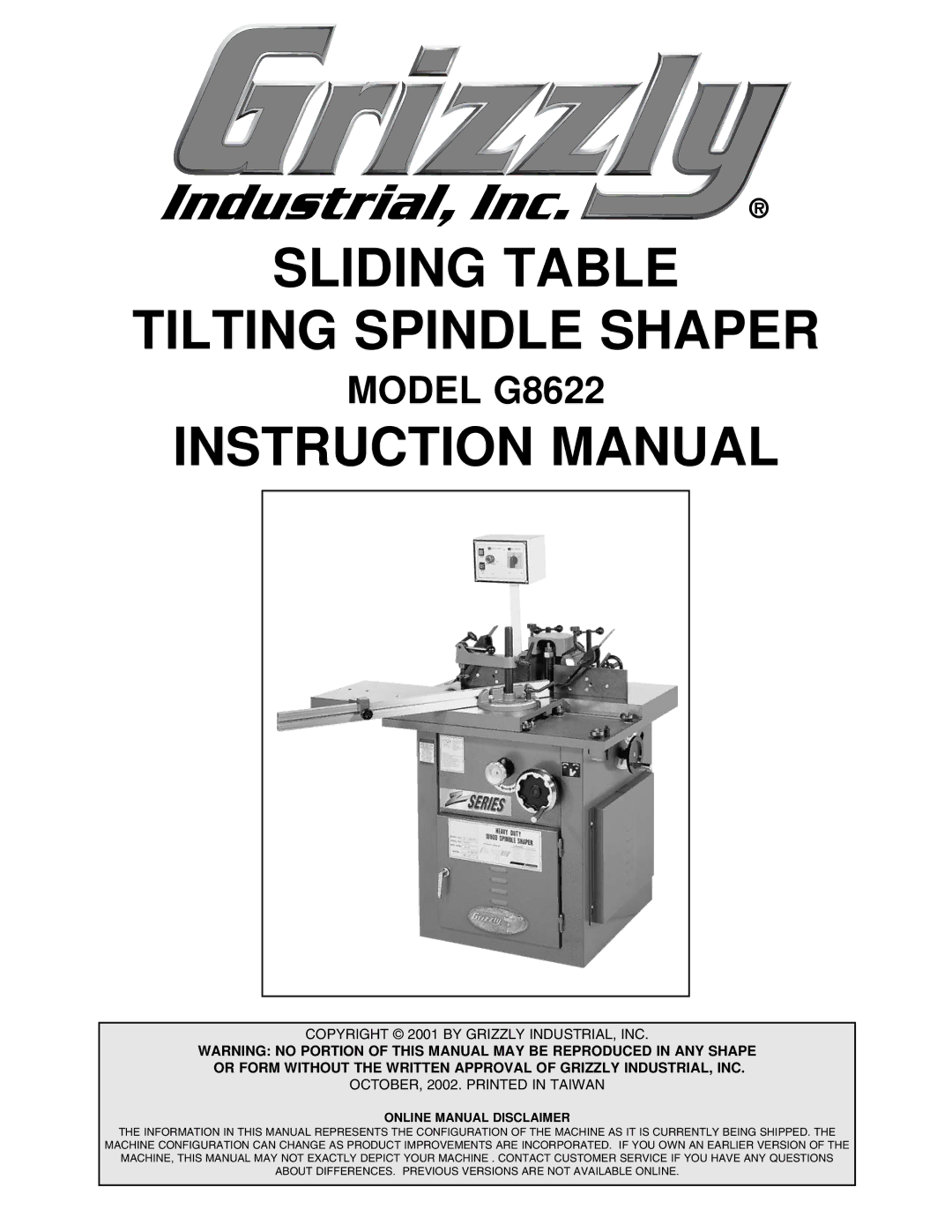 Grizzly G8622 instruction manual Sliding Table Tilting Spindle Shaper 