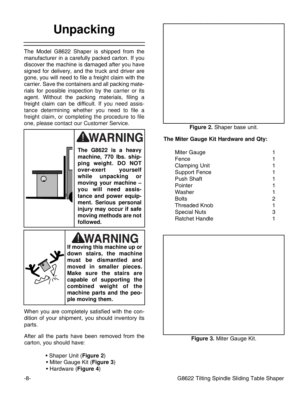 Grizzly G8622 instruction manual Unpacking, Miter Gauge Kit Hardware and Qty 