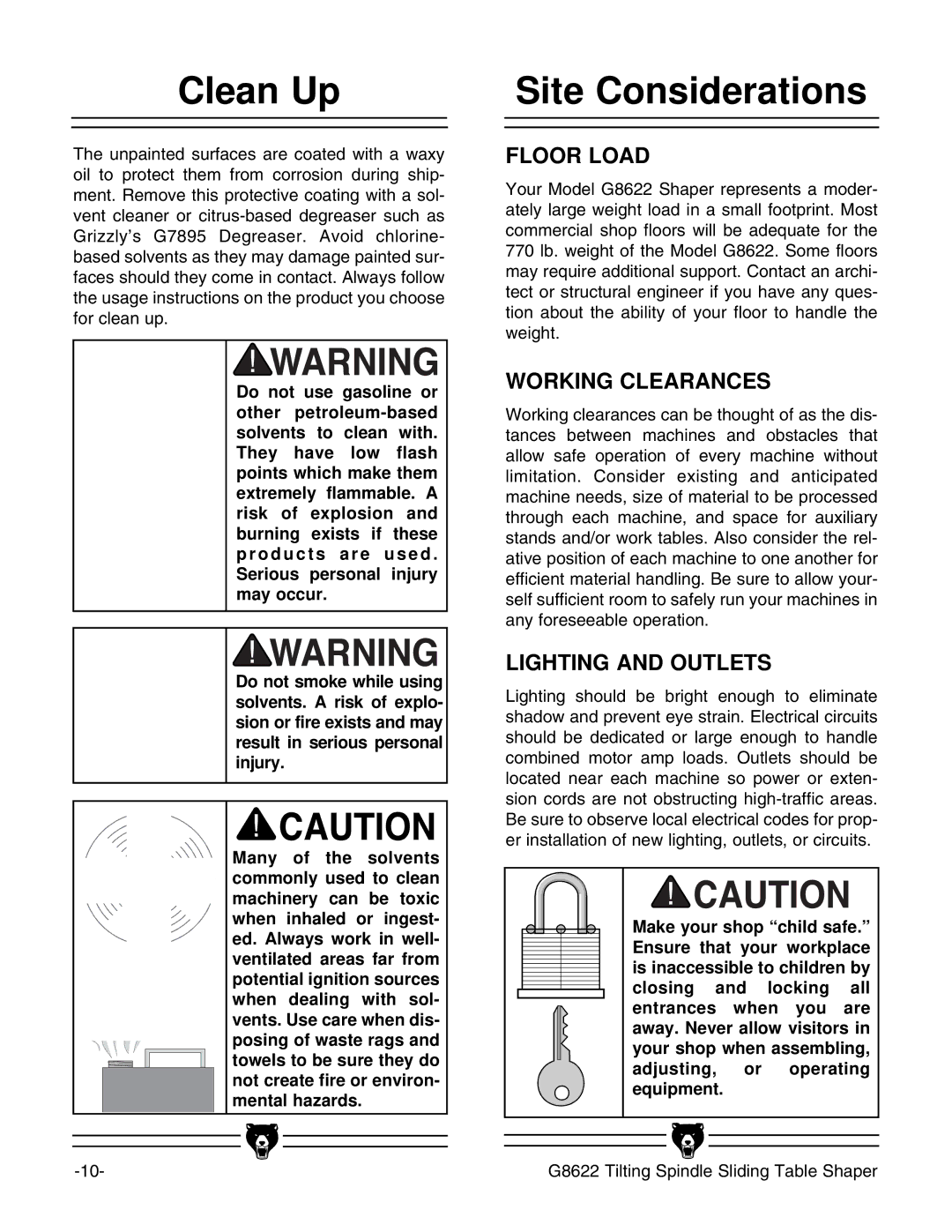 Grizzly G8622 instruction manual Clean Up, Site Considerations 