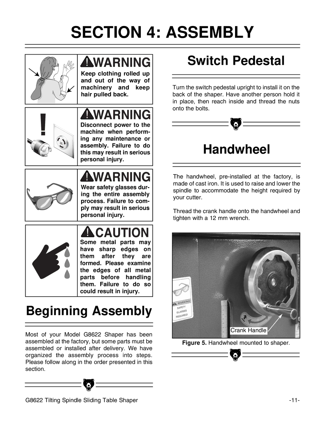 Grizzly G8622 instruction manual Beginning Assembly, Switch Pedestal, Handwheel 