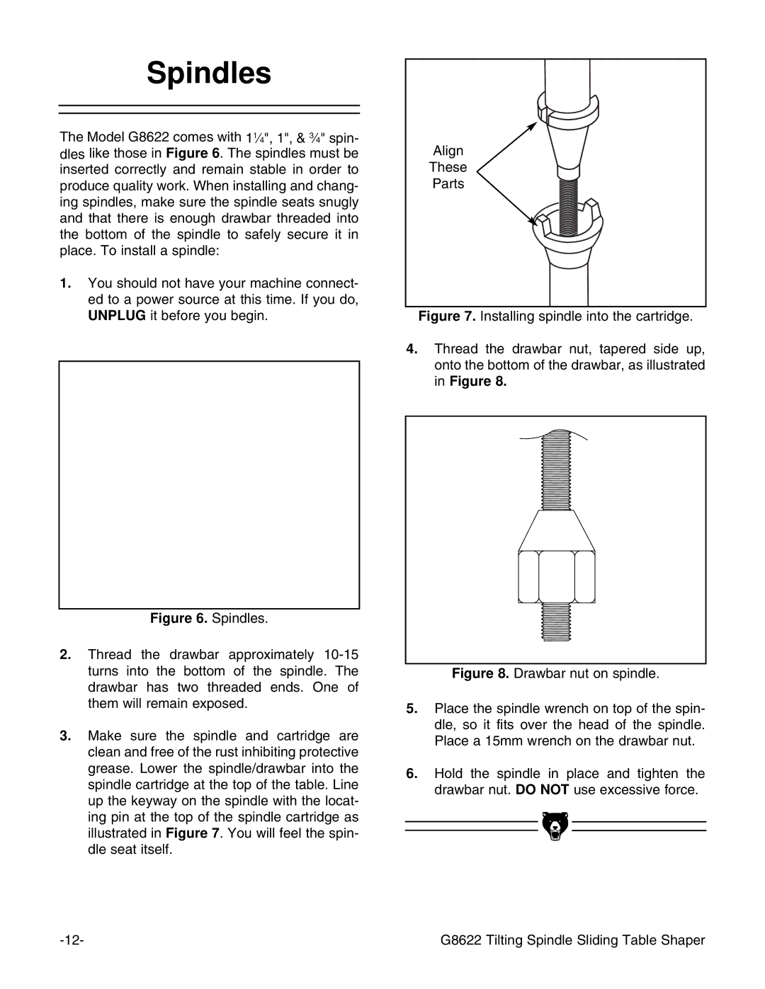 Grizzly G8622 instruction manual Spindles 