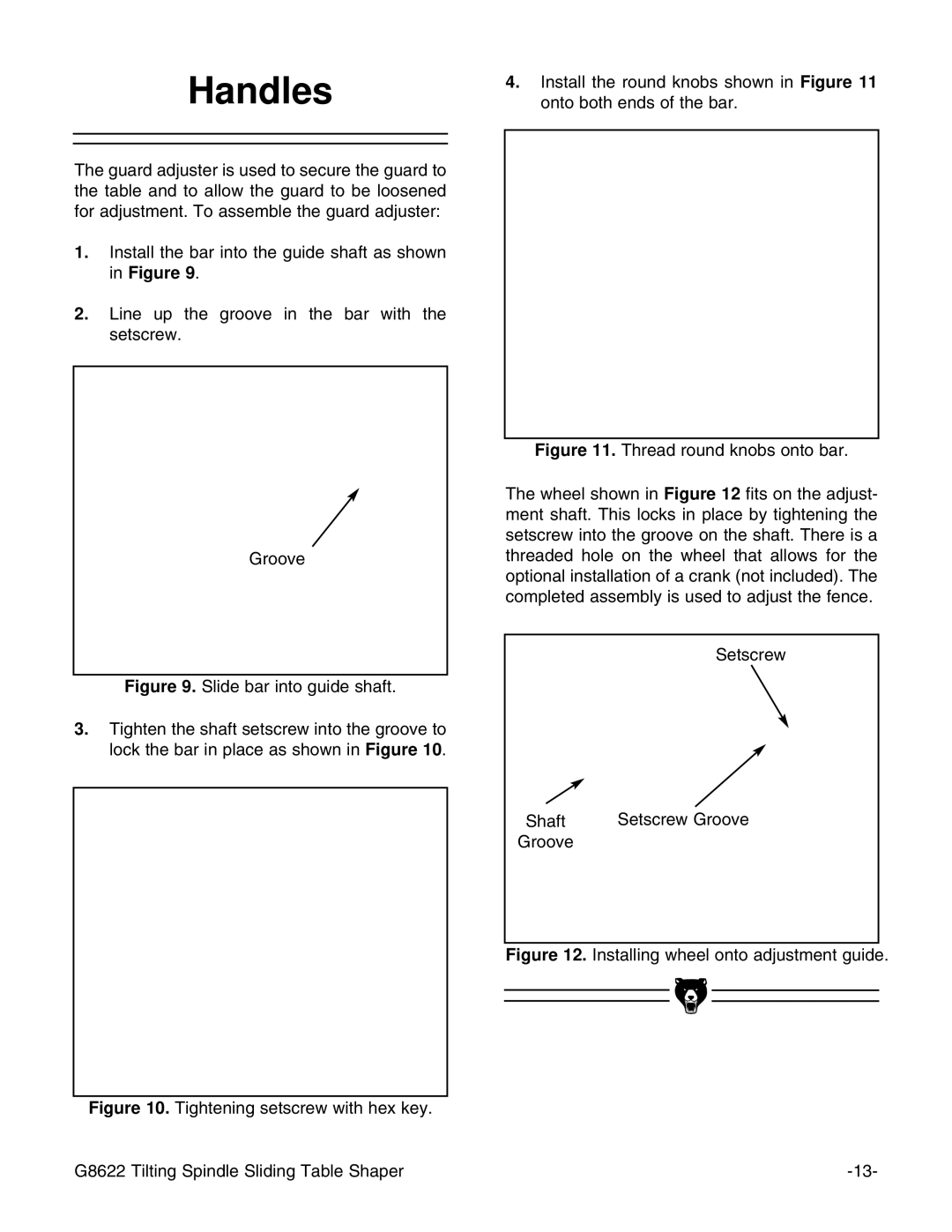 Grizzly G8622 instruction manual Handles, Installing wheel onto adjustment guide 