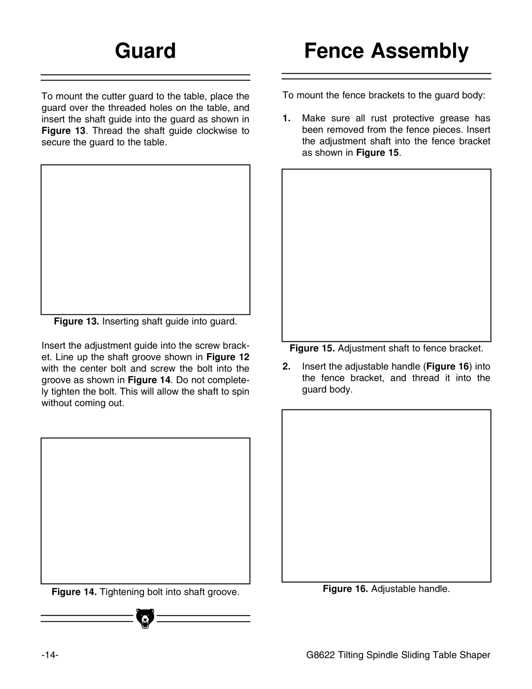Grizzly instruction manual Guard Fence Assembly, Adjustable handle G8622 Tilting Spindle Sliding Table Shaper 