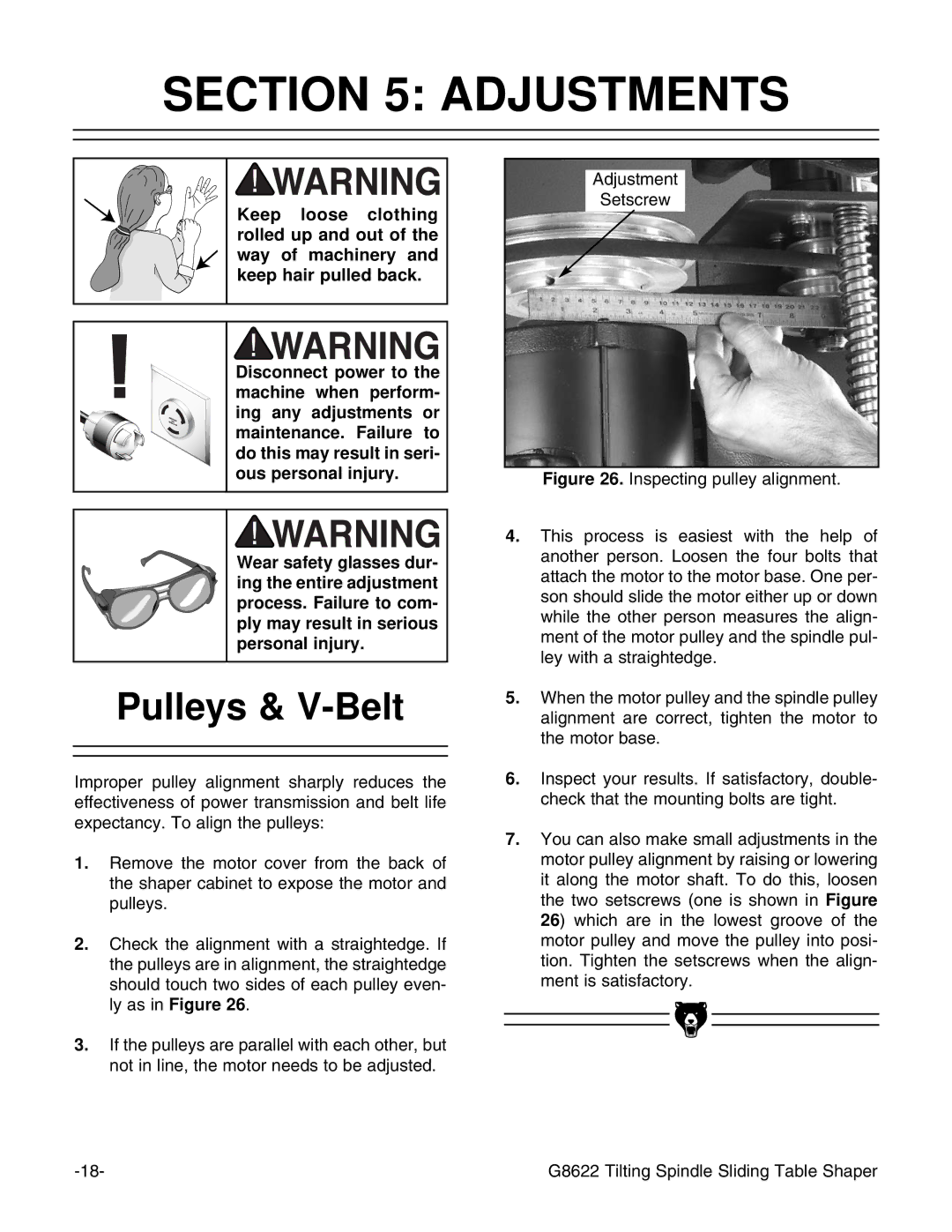 Grizzly G8622 instruction manual Adjustments, Pulleys & V-Belt 