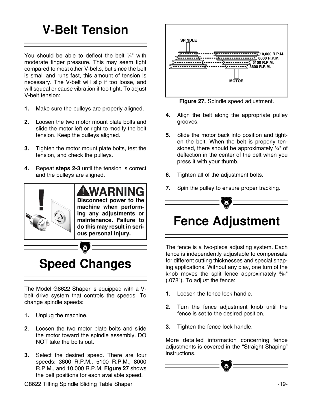 Grizzly G8622 instruction manual Belt Tension, Speed Changes, Fence Adjustment 