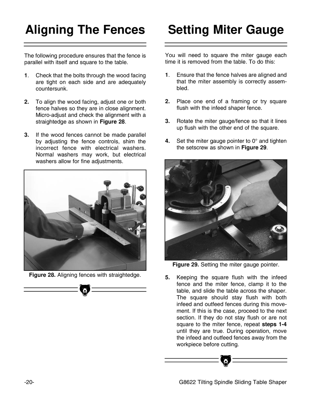 Grizzly G8622 instruction manual Aligning The Fences Setting Miter Gauge 