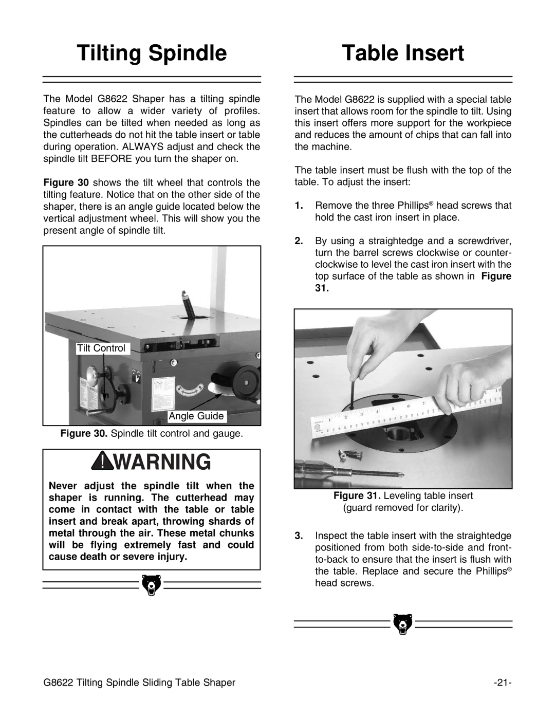 Grizzly G8622 instruction manual Tilting Spindle Table Insert, Spindle tilt control and gauge 