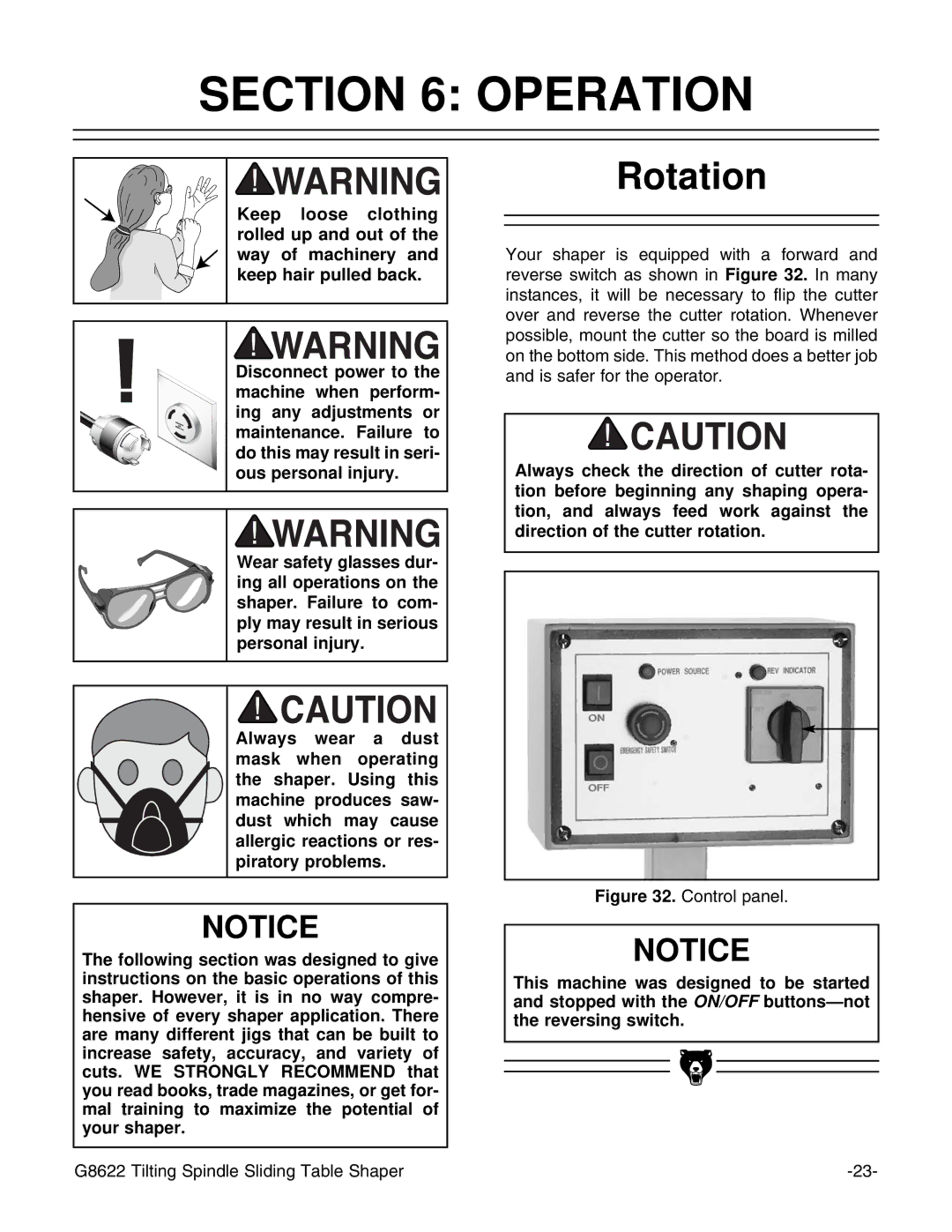 Grizzly G8622 instruction manual Operation, Rotation 