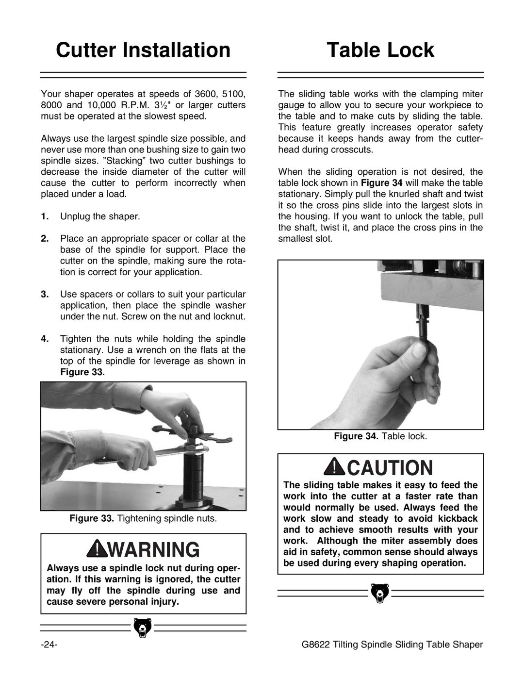 Grizzly G8622 instruction manual Cutter Installation Table Lock, Tightening spindle nuts 