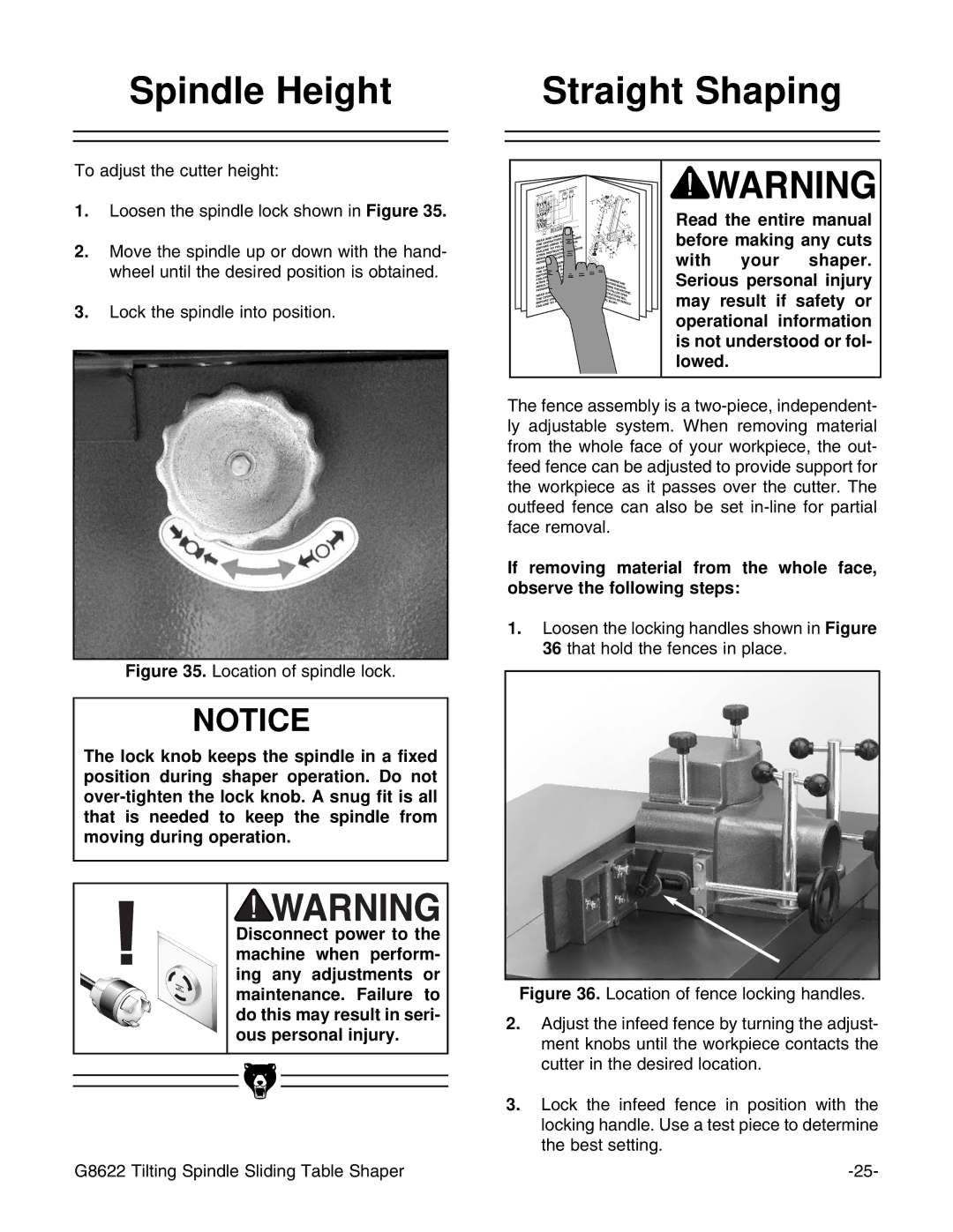 Grizzly G8622 instruction manual Spindle Height Straight Shaping, Location of spindle lock 