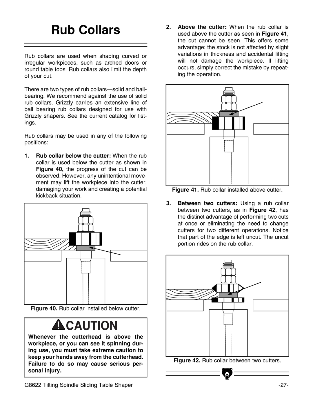 Grizzly G8622 instruction manual Rub Collars, Rub collar installed below cutter 