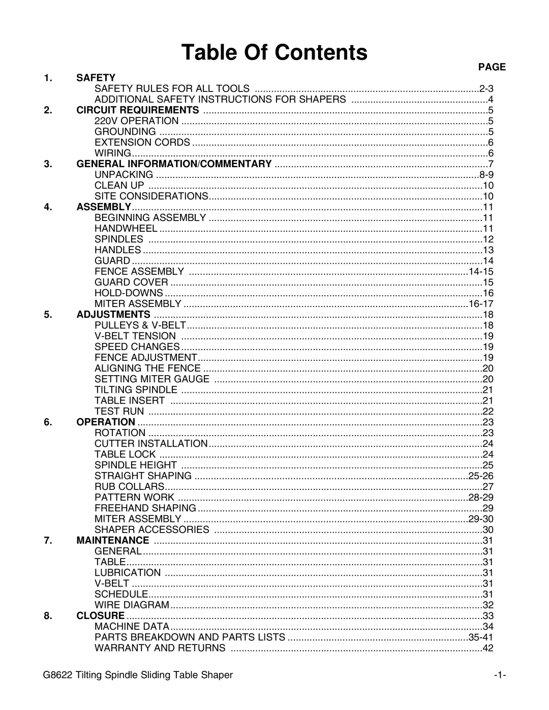 Grizzly G8622 instruction manual Table Of Contents 