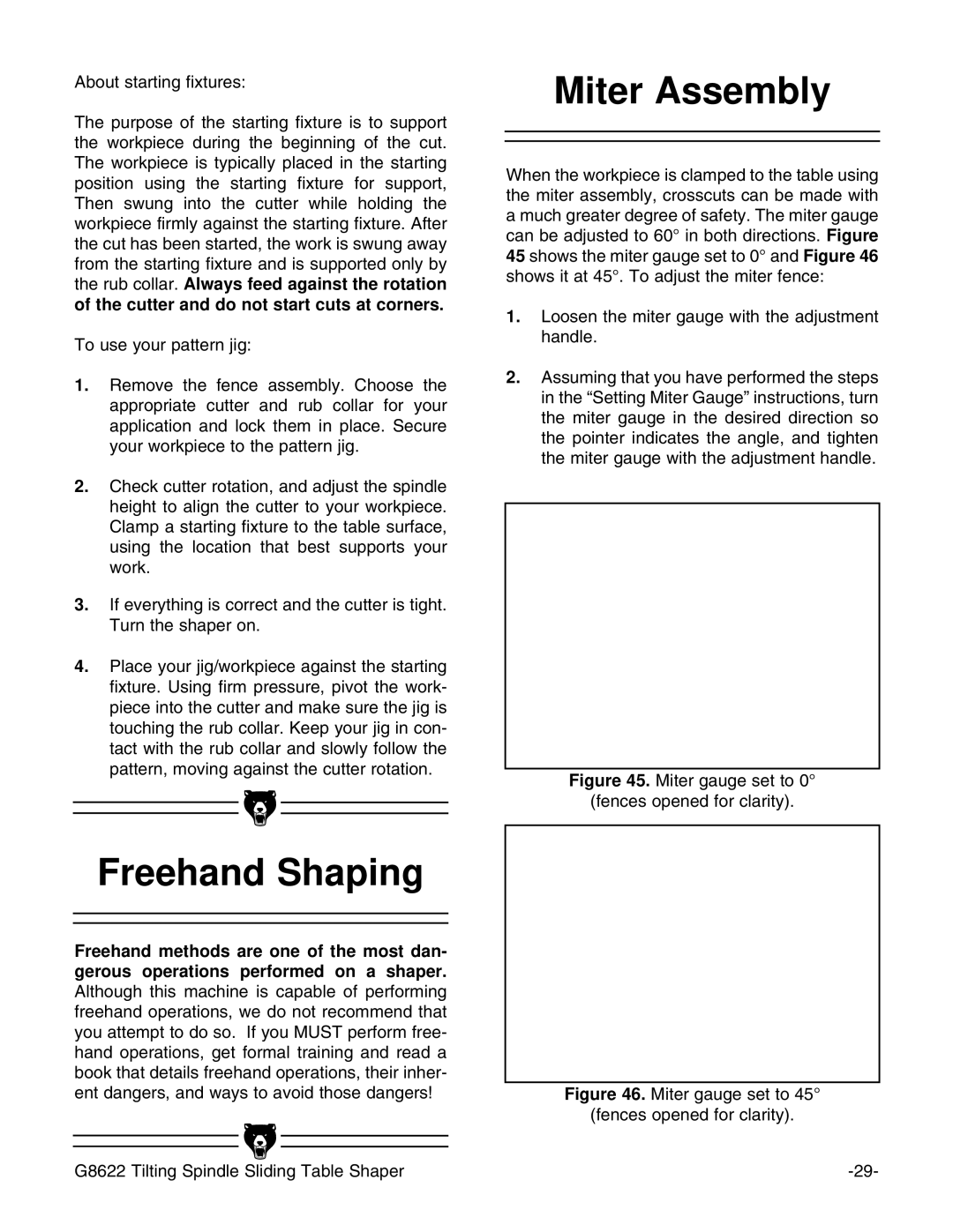 Grizzly G8622 instruction manual Freehand Shaping, Miter gauge set to Fences opened for clarity 