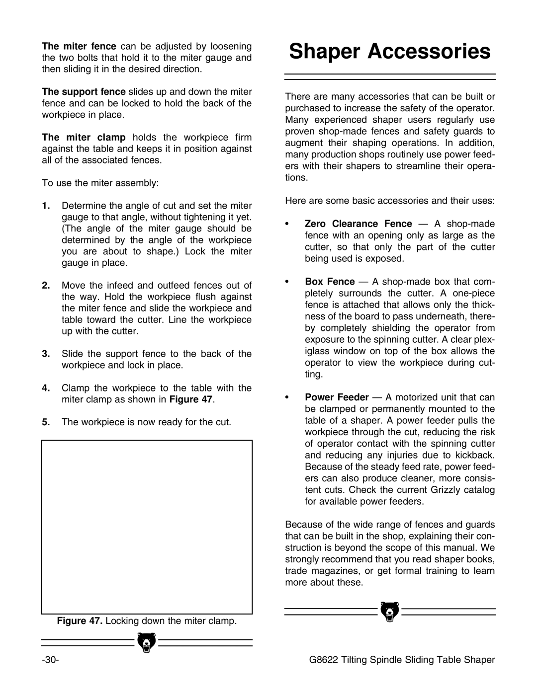 Grizzly G8622 instruction manual Shaper Accessories, Locking down the miter clamp 