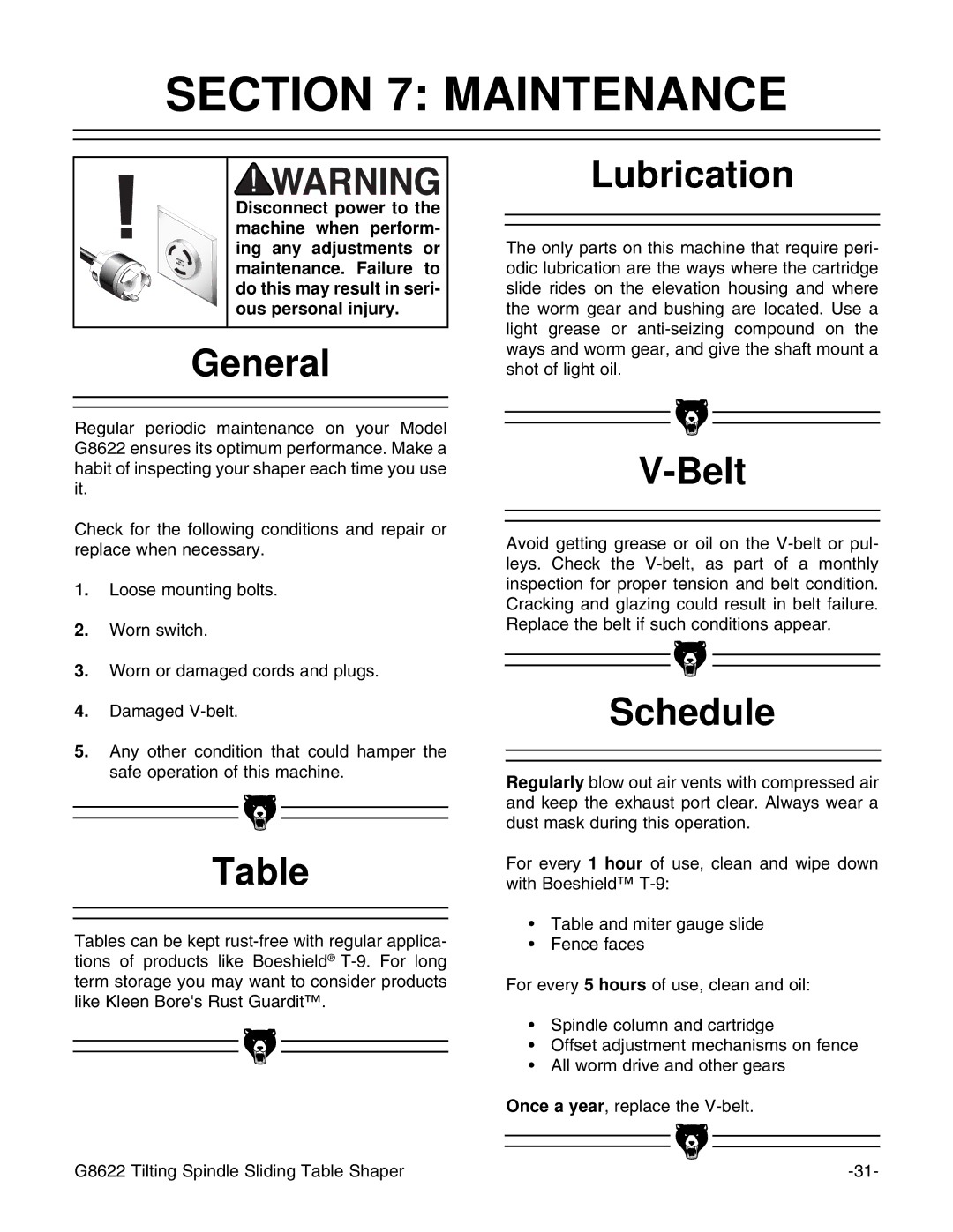 Grizzly G8622 instruction manual Maintenance, General, Lubrication, Belt, Schedule 