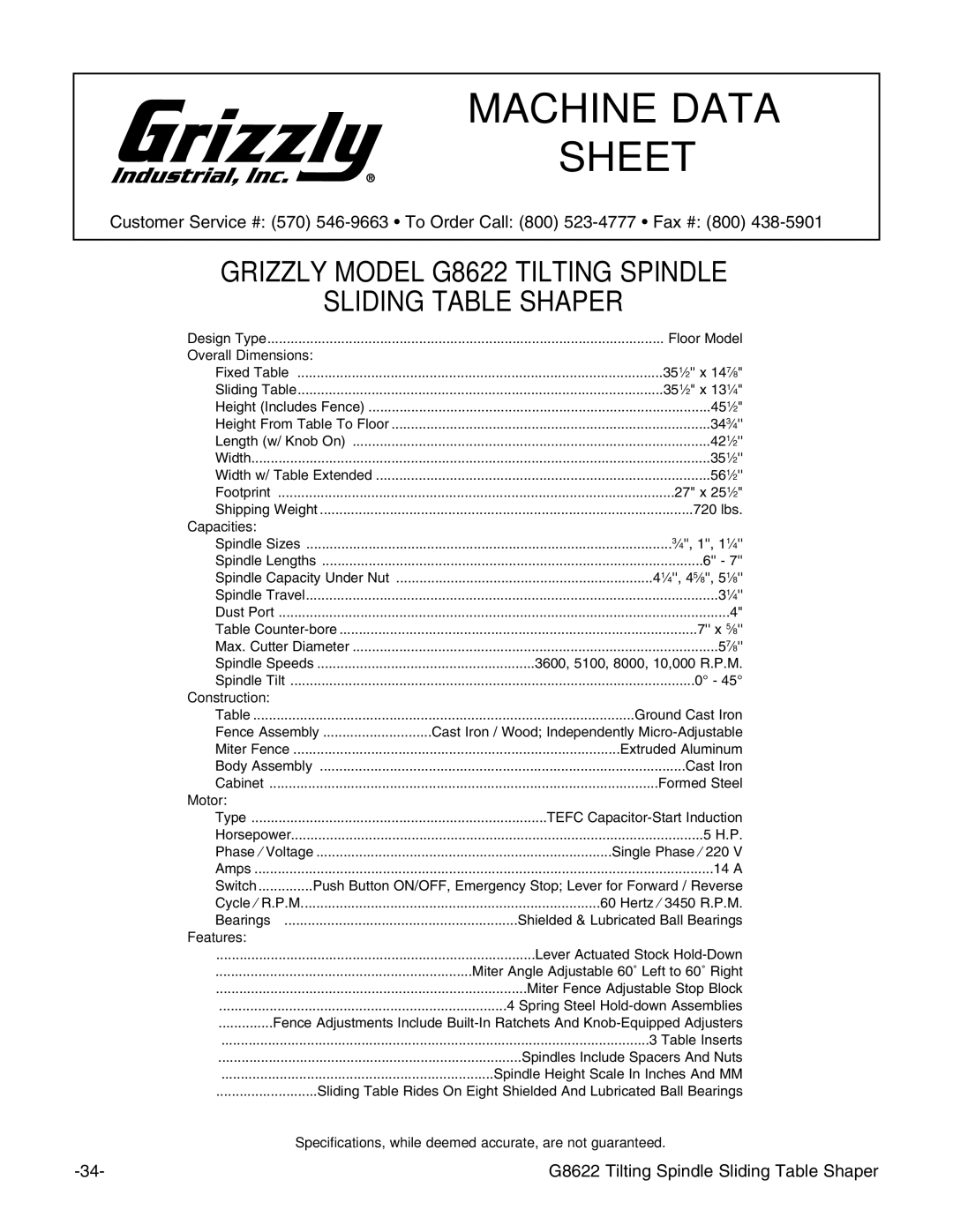 Grizzly G8622 instruction manual Machine Data Sheet 