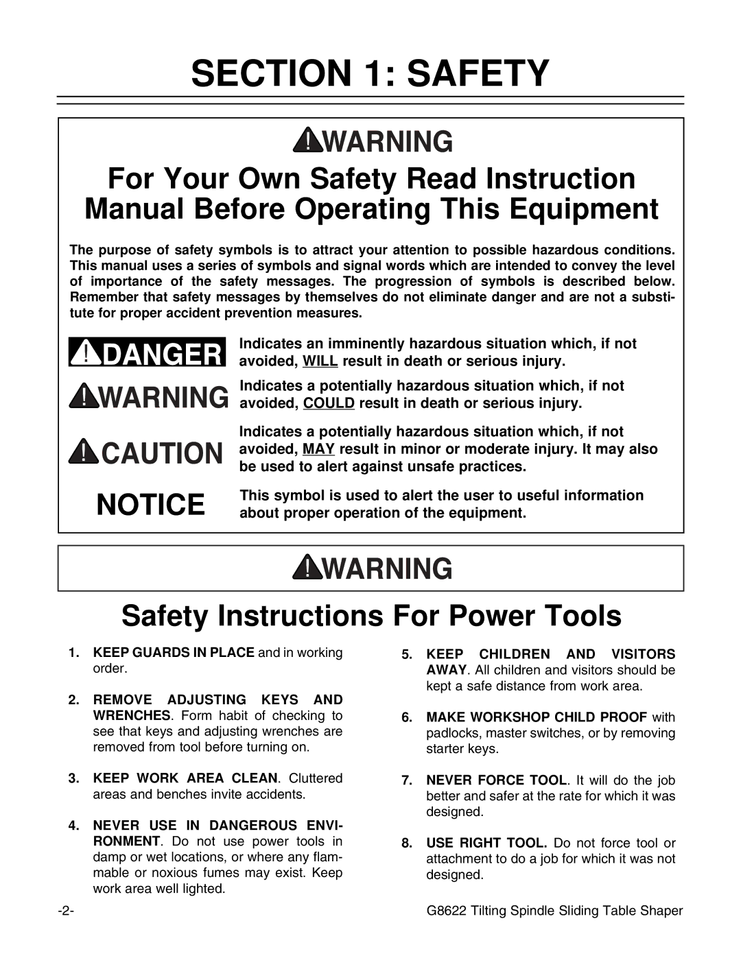 Grizzly G8622 instruction manual Safety Instructions For Power Tools 