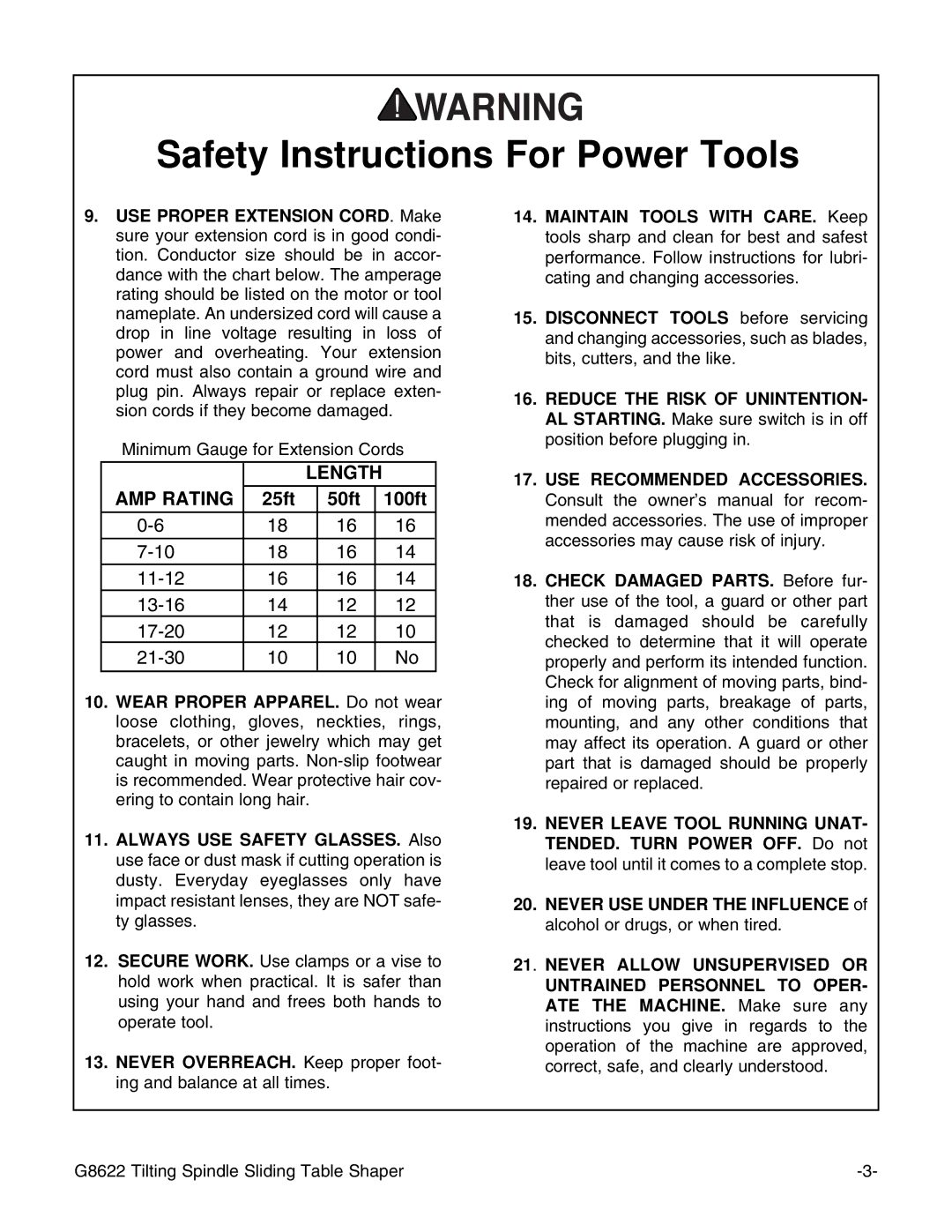 Grizzly G8622 instruction manual Length AMP Rating 