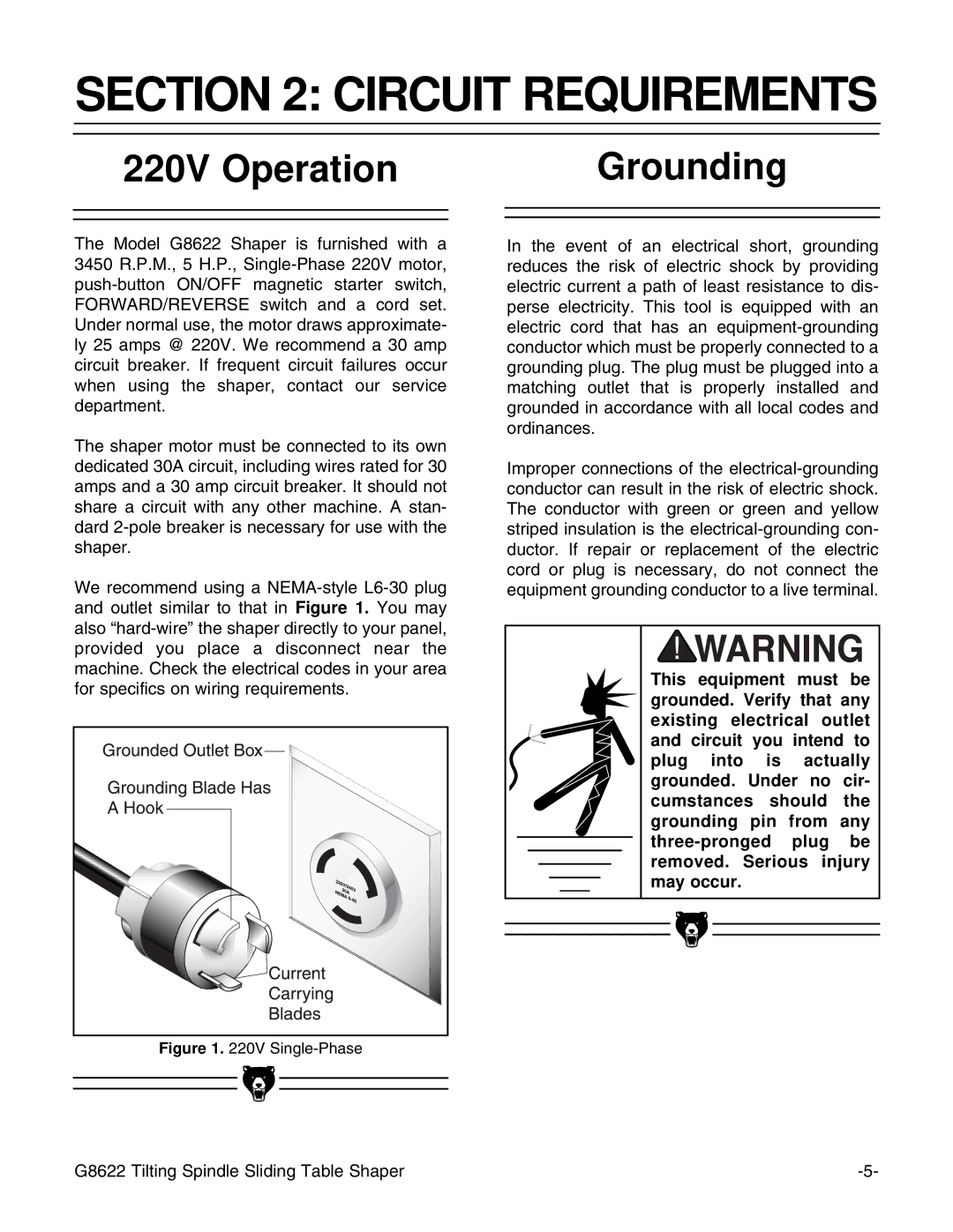 Grizzly G8622 instruction manual Circuit Requirements, 220V Operation Grounding 