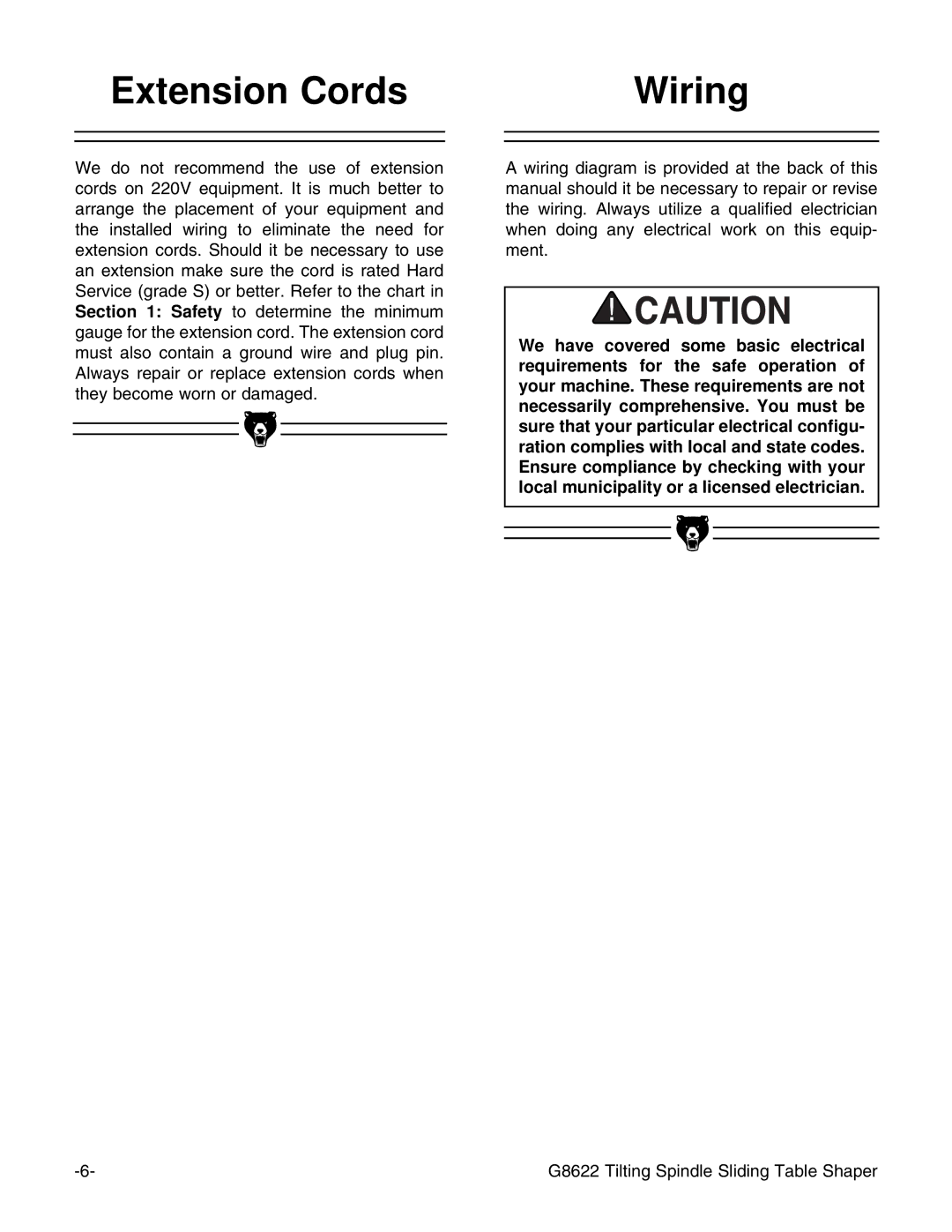 Grizzly G8622 instruction manual Extension Cords Wiring 