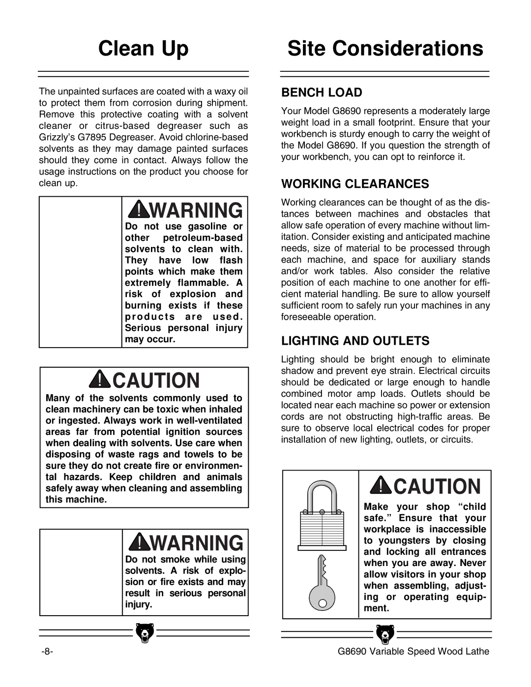 Grizzly G8690 instruction manual Clean Up, Site Considerations 