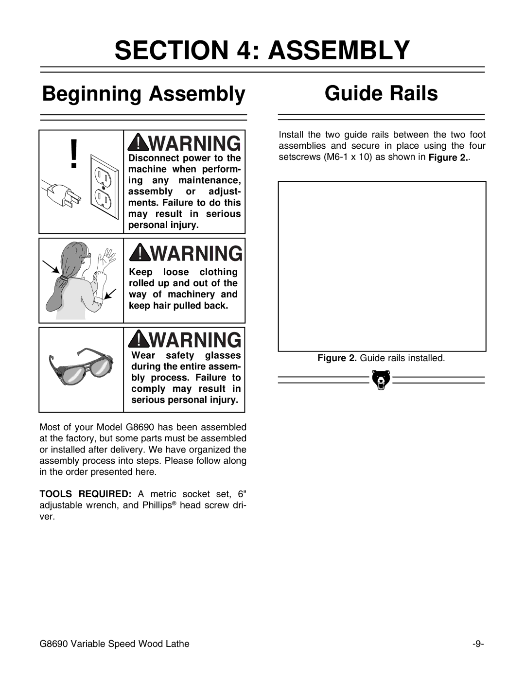 Grizzly G8690 instruction manual Beginning Assembly Guide Rails 