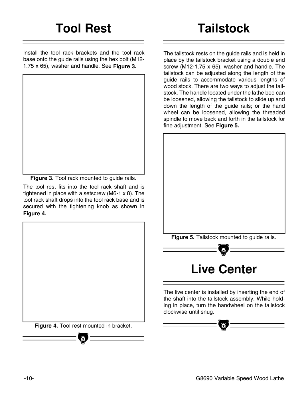 Grizzly G8690 instruction manual Tool Rest Tailstock, Live Center 