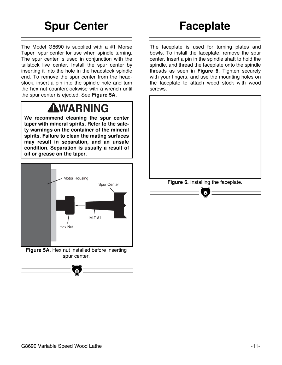 Grizzly instruction manual Spur Center Faceplate, Installing the faceplate G8690 Variable Speed Wood Lathe 