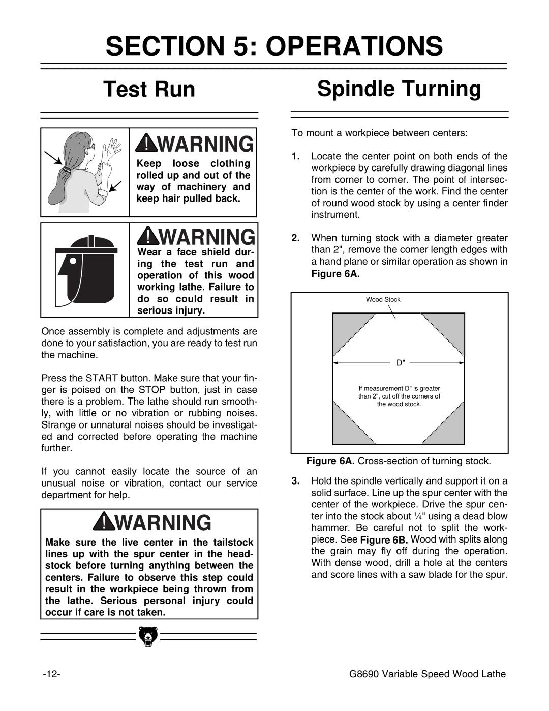 Grizzly G8690 instruction manual Operations, Test Run, Spindle Turning 