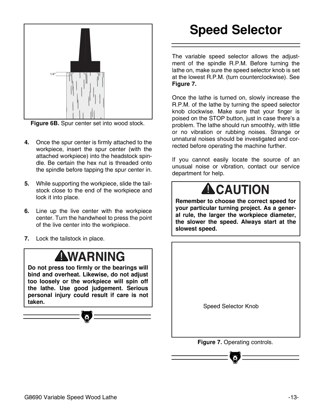 Grizzly instruction manual Speed Selector, Operating controls G8690 Variable Speed Wood Lathe 